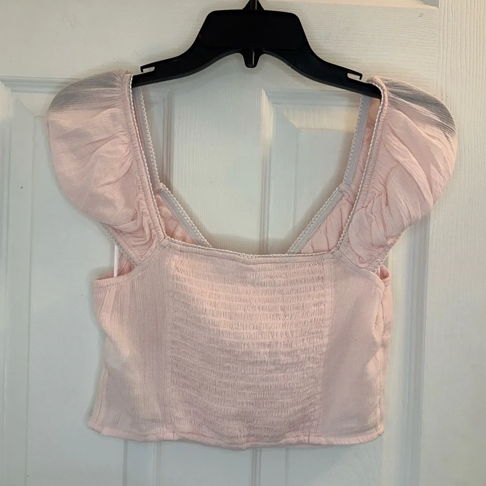 Abound Smocked Cap Sleeve Pink Cottagecore Crop Top Babydoll size Small - Picture 2 of 9